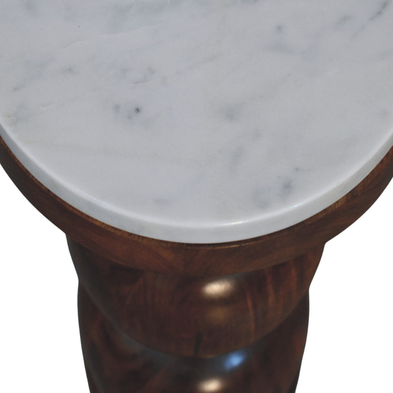 Marble top bulla side table with white marble effect top and dark brown solid mango wood pedestal base