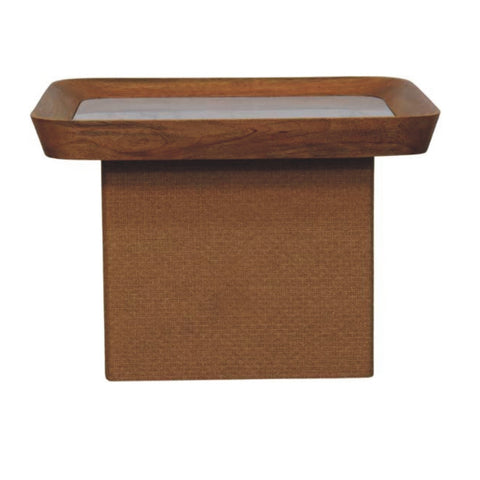 Rectangular wooden coffee table tray with light gray glass insert and textured brown fabric base for chatai use