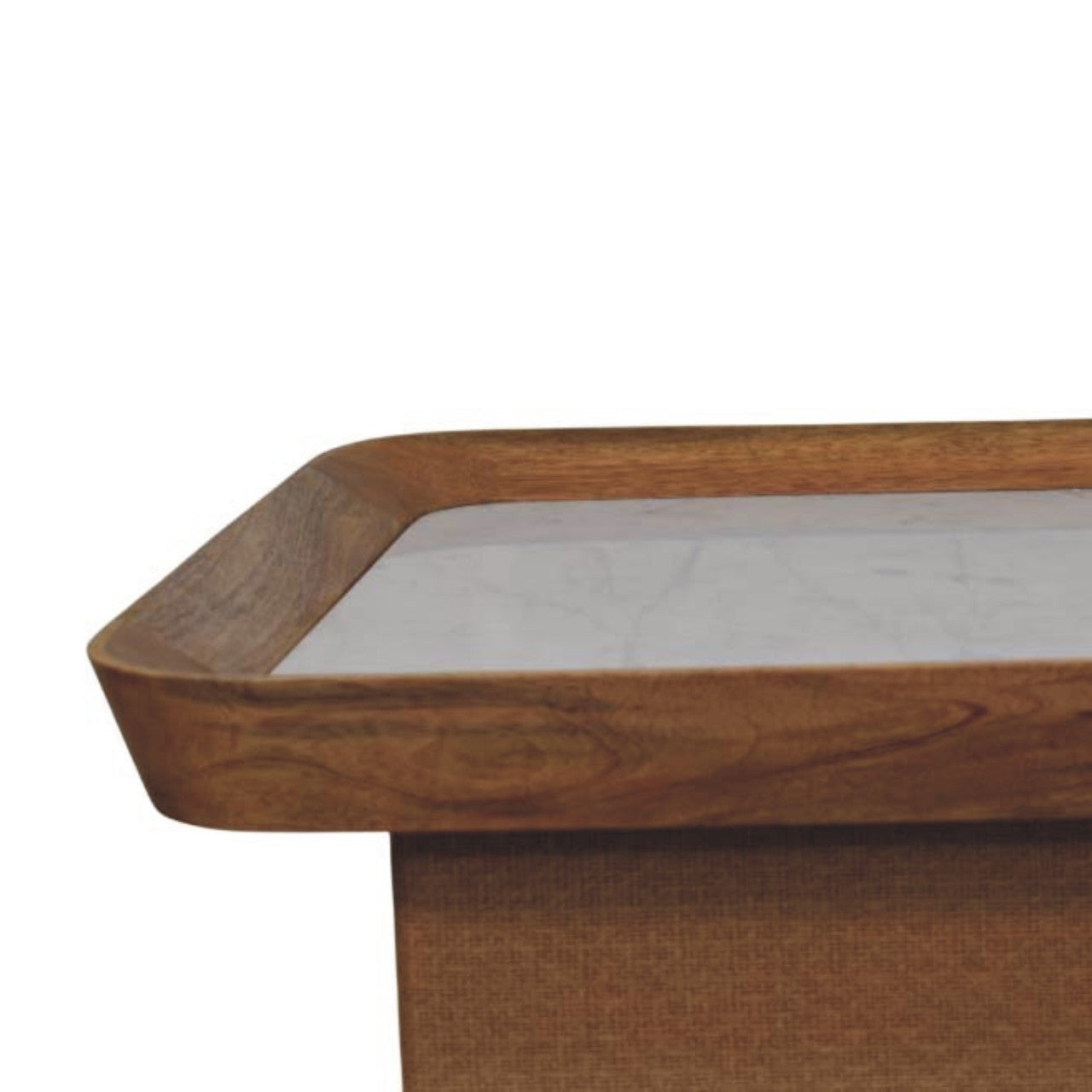 Rectangular wooden tray with smooth light brown finish and rounded corners on marble top chatai coffee table