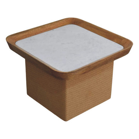 Square coffee table with light wood frame white marble top and woven wicker base perfect for living rooms