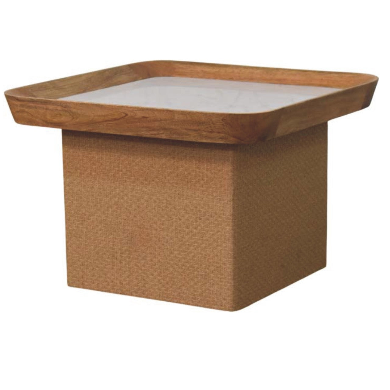 Square wooden coffee table tray with glass top resting on textured cork base for marble top chatai coffee table