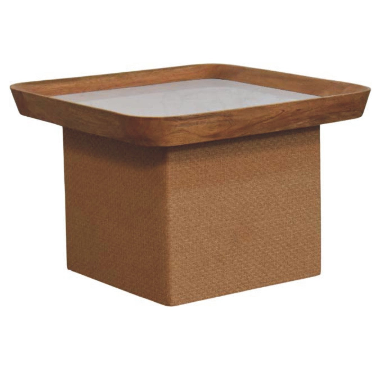 Square wooden coffee table with smooth light brown finish and white marble glass top for chatai style living room