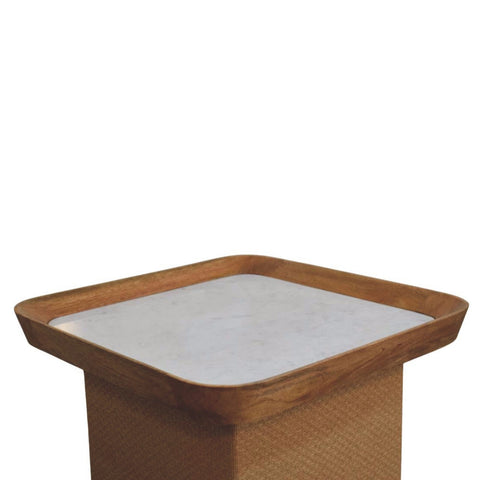 Square wooden coffee table with smooth light marble top and natural wood frame perfect for chatai style seating
