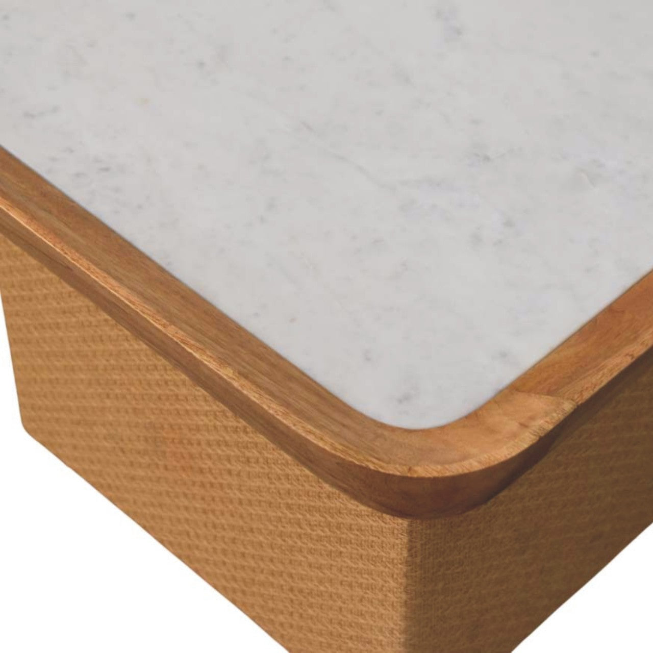 White marble top coffee table with warm wood frame and textured woven base perfect for living room use