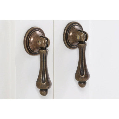 Antique brass finished marcella double door cabinet pulls with ornate teardrop design for classic decor