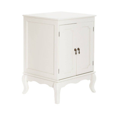 White painted marcella double door cabinet with ornate curved legs and dark metal handles for storage use