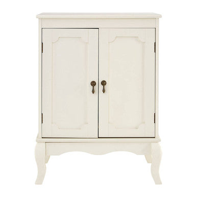 White painted wooden marcella double door cabinet with ornate curved legs and dark bronze handles