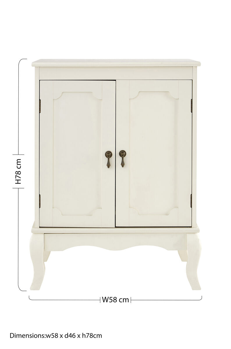 White painted wooden marcella double door cabinet with ornate curved legs perfect for stylish storage