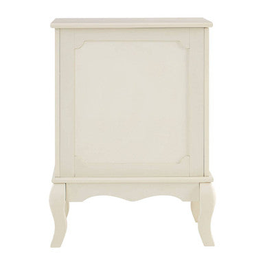 Cream-colored wooden marcella laundry cabinet nightstand with ornate curved legs and decorative front panel