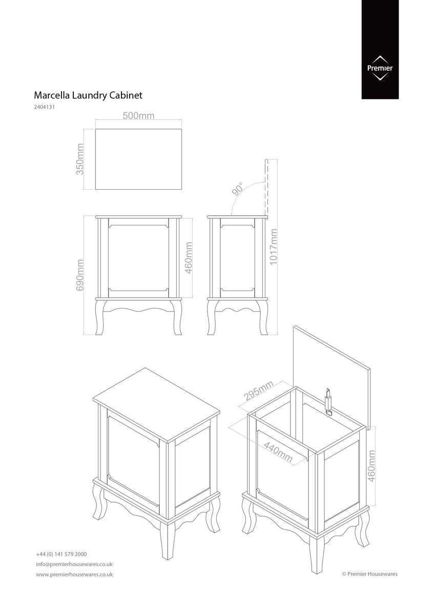 Marcella laundry cabinet with elegant curved legs and classic design shown in detailed technical drawings