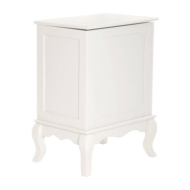 White painted wooden nightstand marcella laundry cabinet with ornate curved legs and a flat top