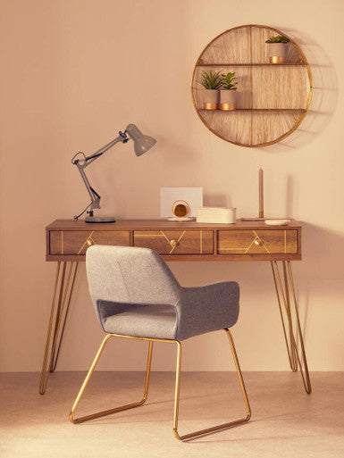 Marella trinket box gold-legged desk with wooden top and three drawers featuring gold geometric handles