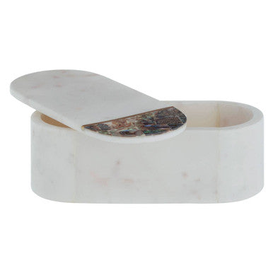 White marble marella trinket box with hinged lid and dark patterned inlay for quick access storage