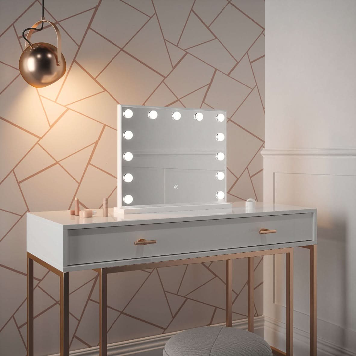 A sleek margot small hollywood mirror with a white frame and 12 bright led lights around the edges