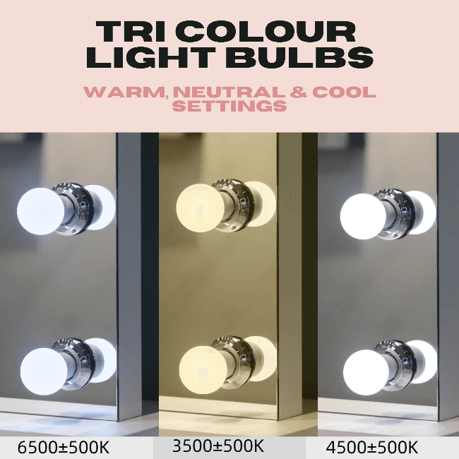 Tri-colour led light bulbs with chrome bases for warm neutral and cool white lighting in margot small hollywood mirror