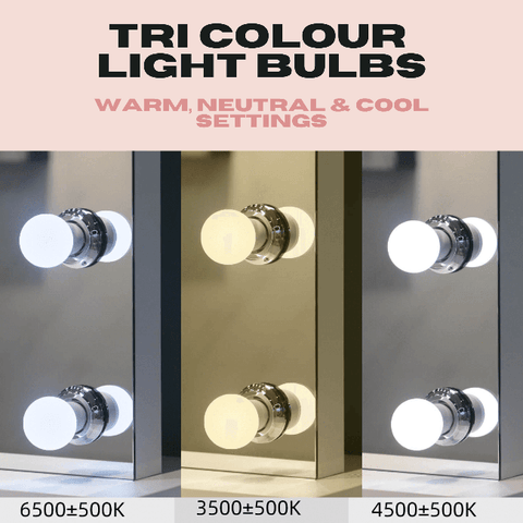 Tri-colour led light bulbs with chrome bases for warm neutral and cool white lighting in margot small hollywood mirror