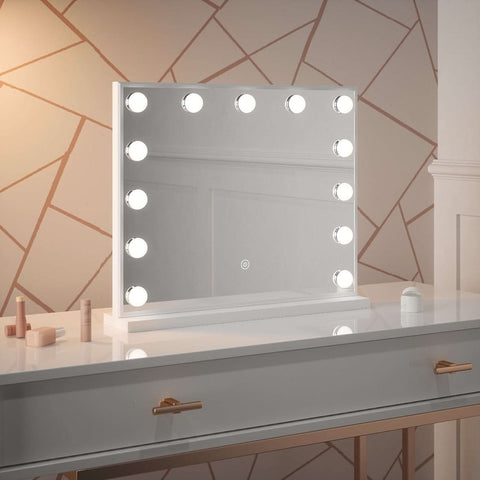 White rectangular margot small hollywood mirror 50x42cm with ten round led lights for bright makeup lighting
