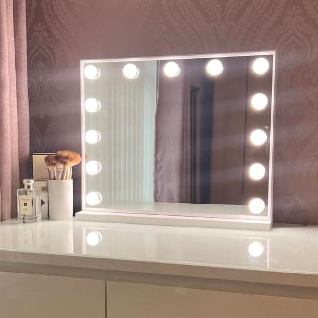 White rectangular margot small hollywood mirror 50x42cm with illuminated bulbs along the frame