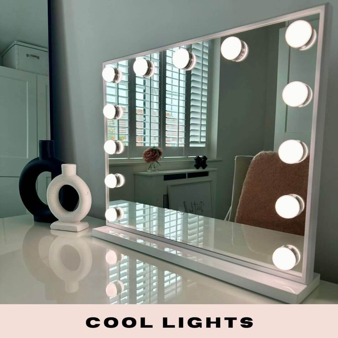 White rectangular margot small hollywood mirror with sleek frame and circular led lights along edges 50x42cm