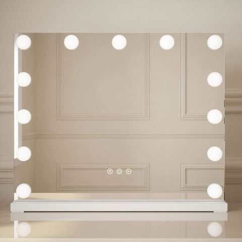 White rectangular margot small hollywood mirror with round led lights and control buttons at the bottom