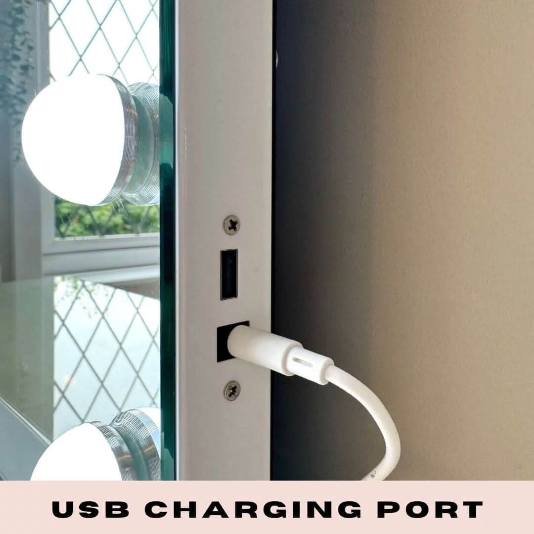White usb charging port with cable on the side of margot small hollywood mirror 50x42cm small hollywood mirror