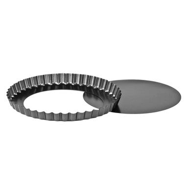 Black fluted tart pan with matching circular baking sheet mari non stick 20xm loose base flan tin