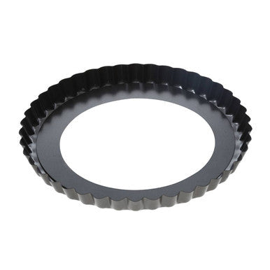 Black fluted non stick 20xm loose base flan tin with smooth interior and ridged outer edge for baking quiches