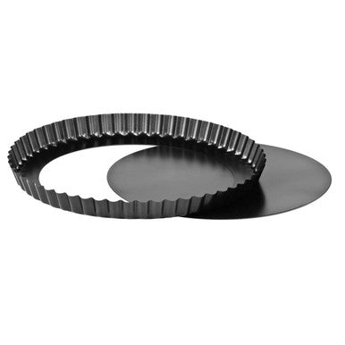 Black fluted 28cm loose base flan tin with smooth round base by mari non stick perfect for quiches