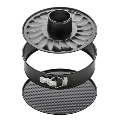 Mari non stick round cake pan set in black features a fluted top ring and textured base for easy baking
