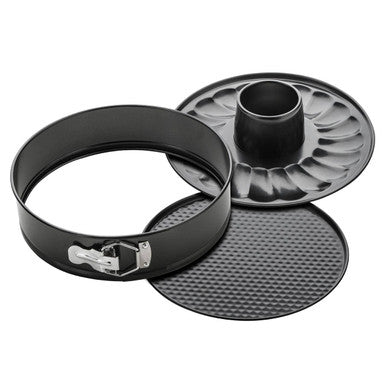 Black non stick Mari round cake pan set with a decorative center ring and textured base for easy baking