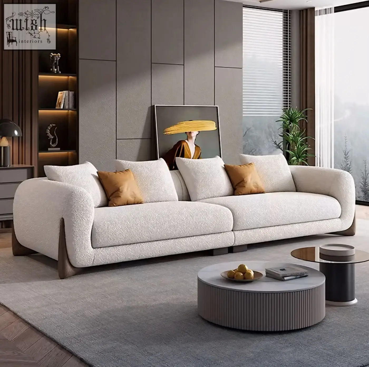 Modern off-white mariko sofa with plush sophistication featuring deep cushioning and rounded arms on dark wood legs