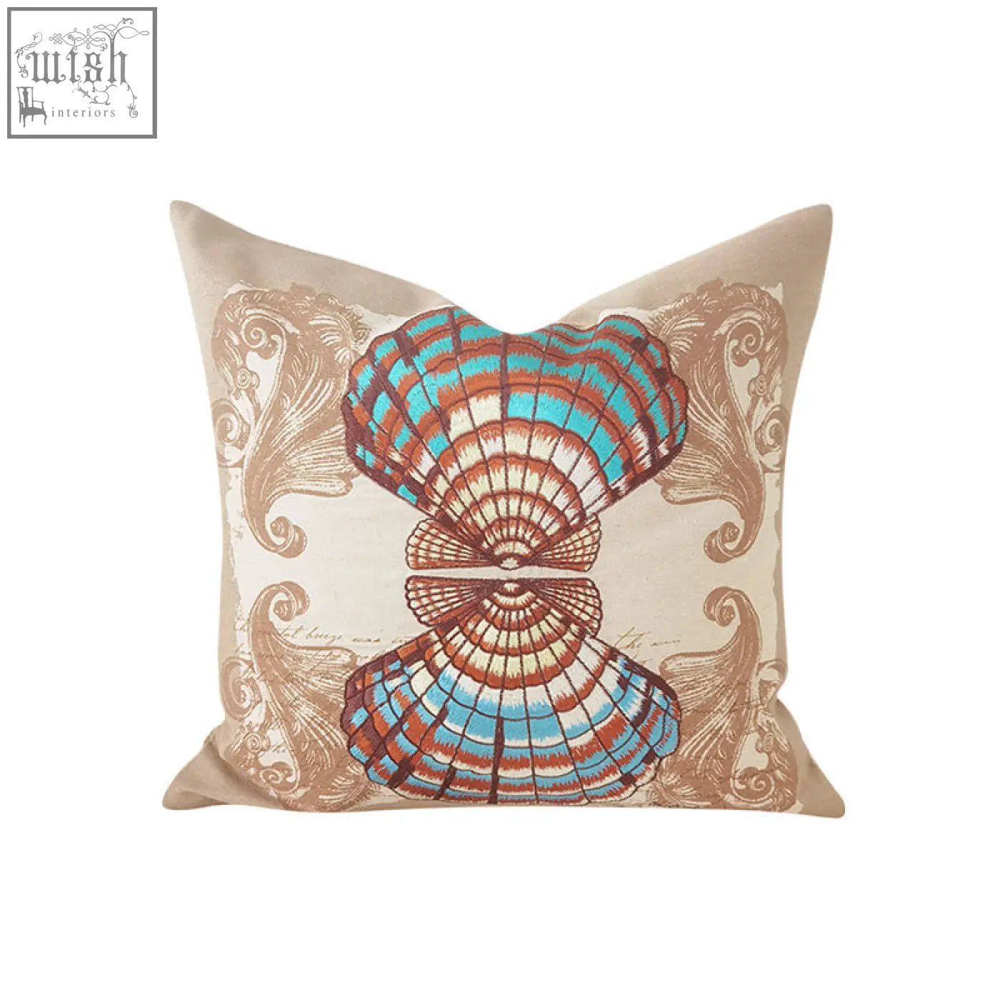 Beige marine cushion with fabric material featuring turquoise and terracotta striped scallop shells and brown scrollwork
