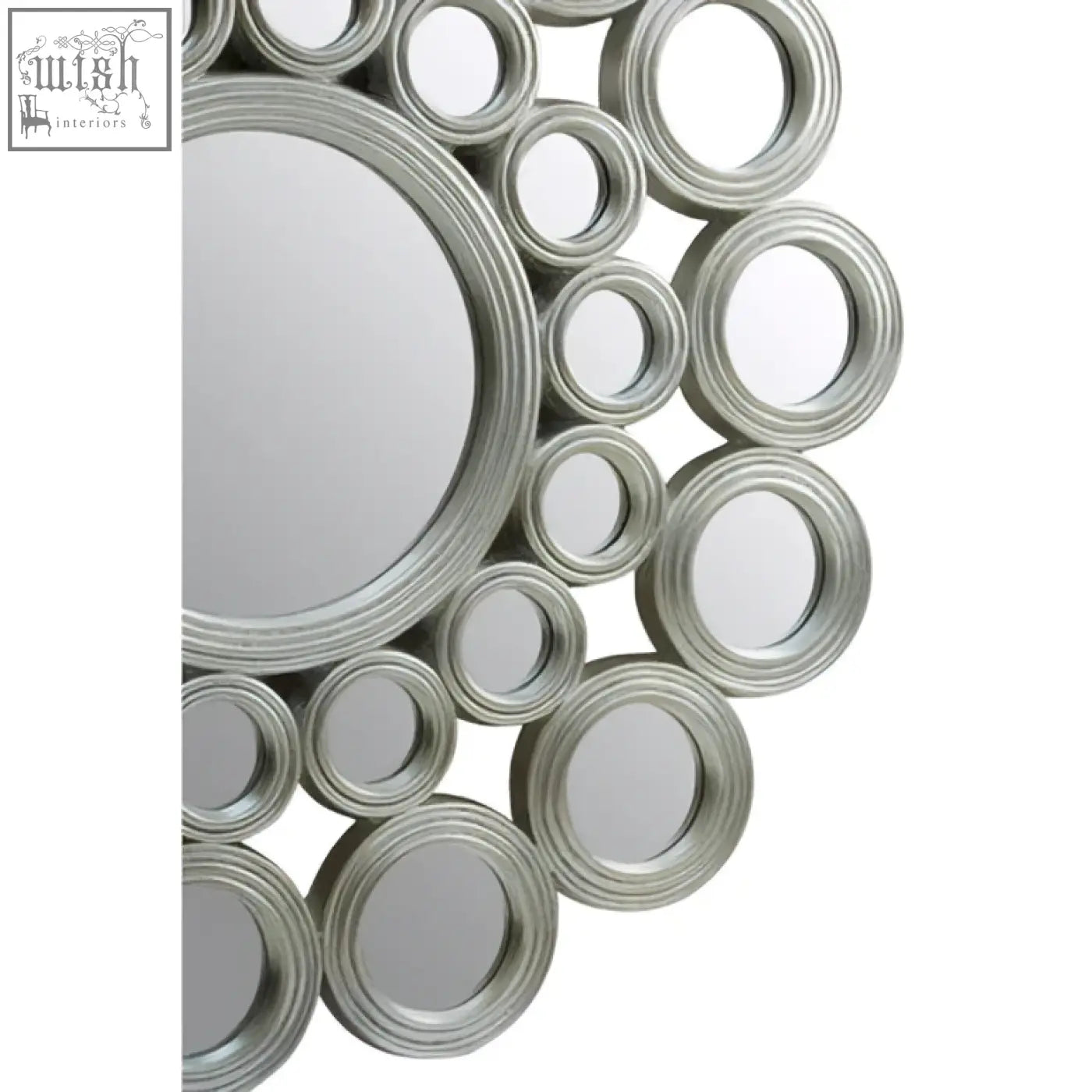 Maris silver wall mirror with silver-toned circular frame and concentric ring design for stylish wall decor
