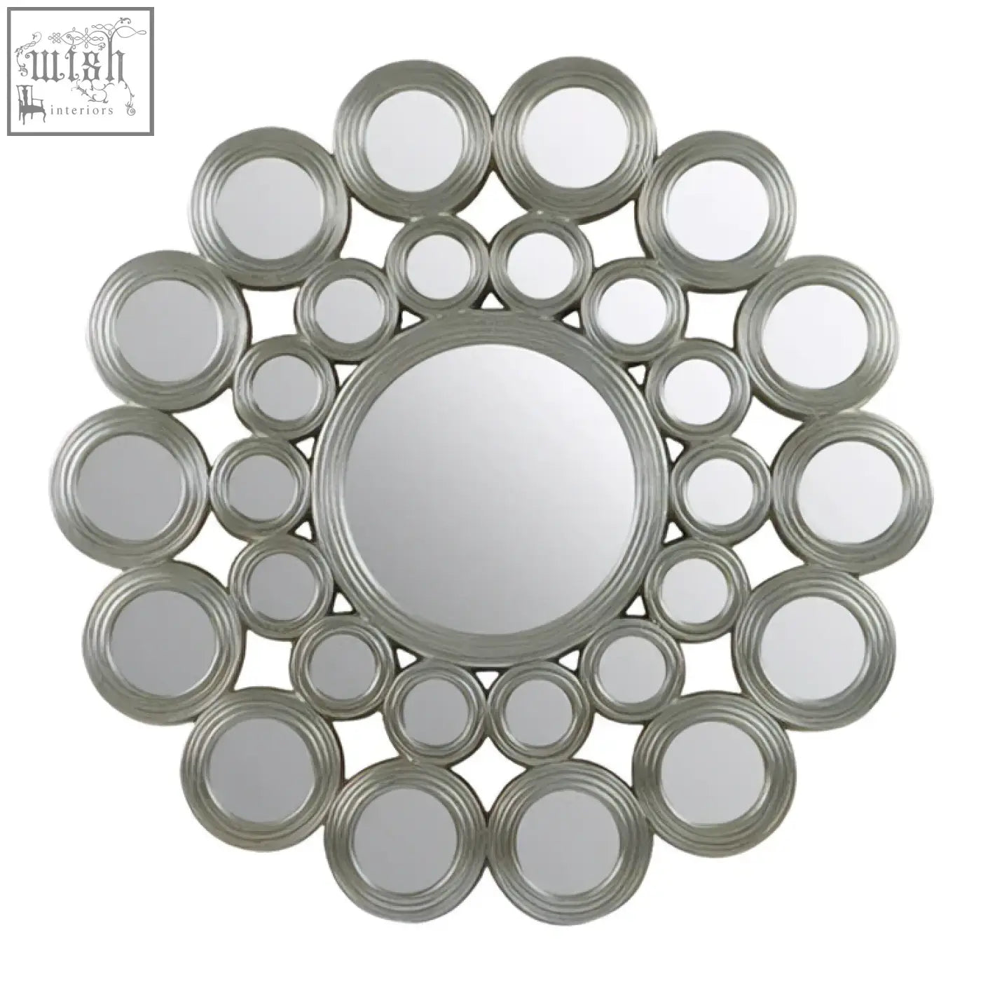 Maris silver wall mirror with silver-toned concentric rings and metallic frame perfect for modern decor