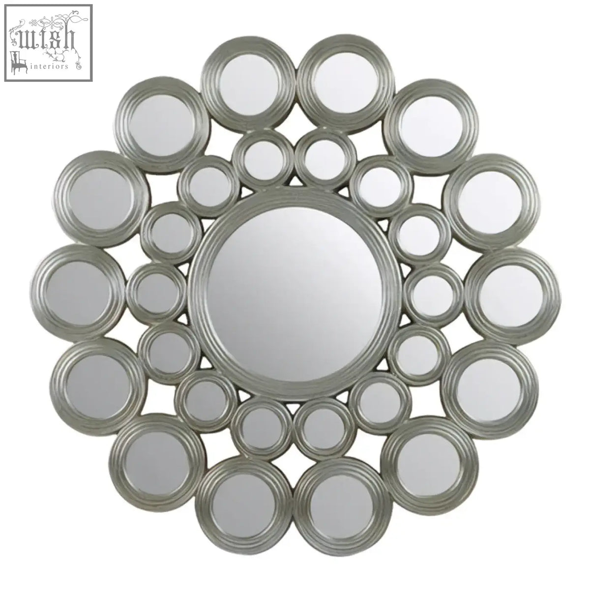 Maris silver wall mirror with silver-toned concentric rings and metallic frame perfect for modern decor