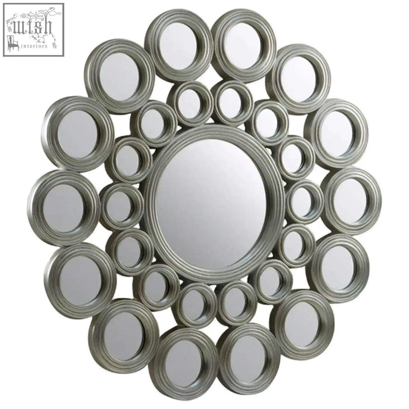 Maris silver wall mirror with silver-toned circular metallic frame featuring concentric decorative rings