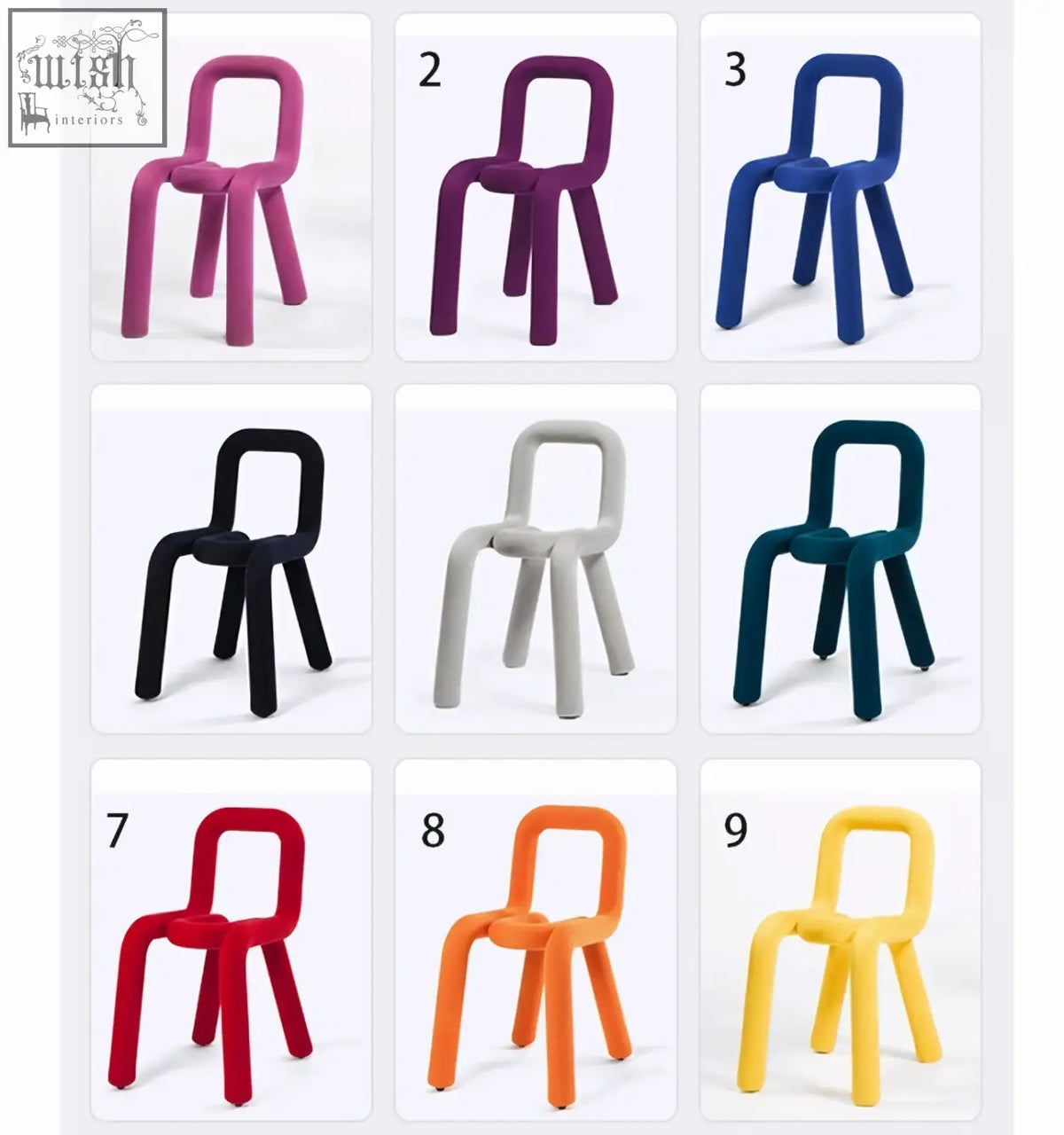 The markel dining chair features a modern minimalist design with smooth rounded legs and vibrant solid colors