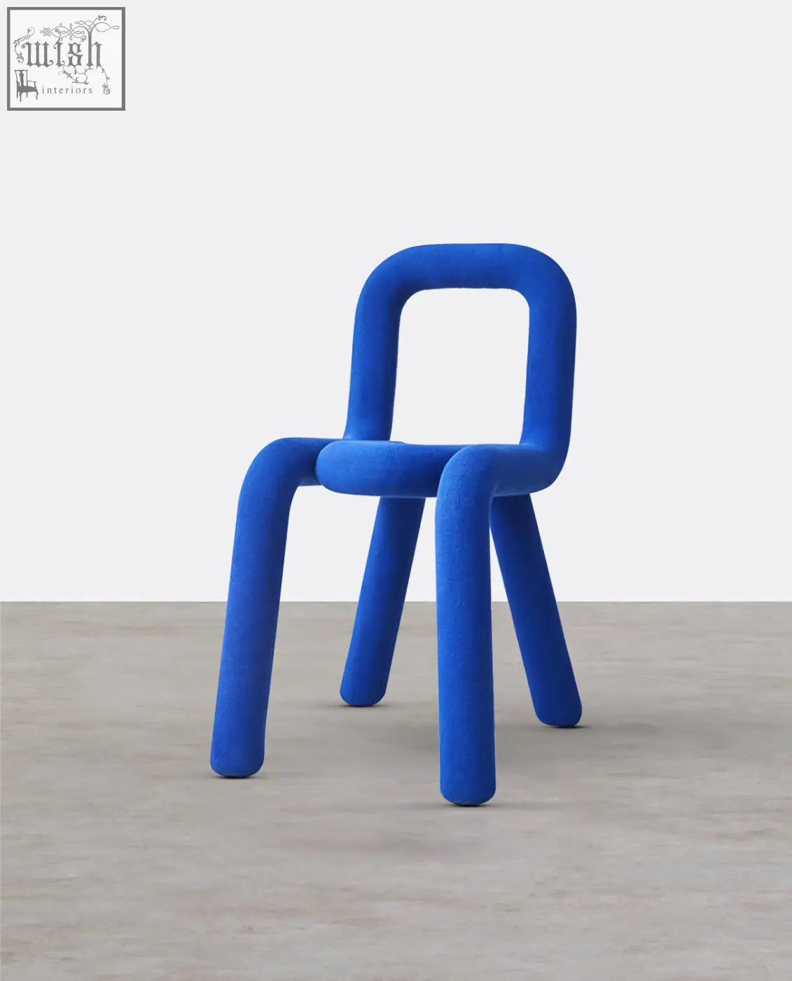 Vibrant blue upholstered markel dining chair with rounded tubular form and minimalist design for dining areas