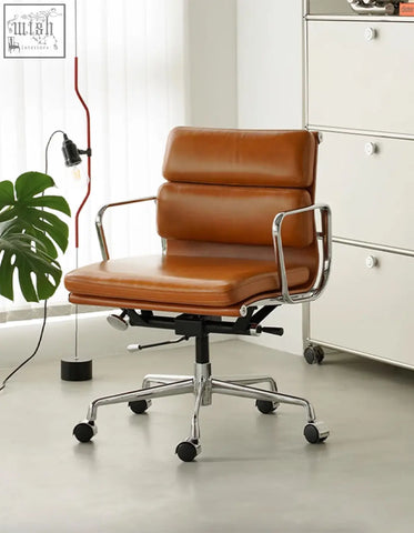 Brown leather office chair with chrome metal frame and five-star base height adjustable swivel Marley office chair
