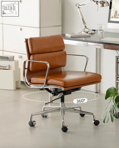 Brown leather office chair with chrome frame and 360 swivel base height adjustable for office use