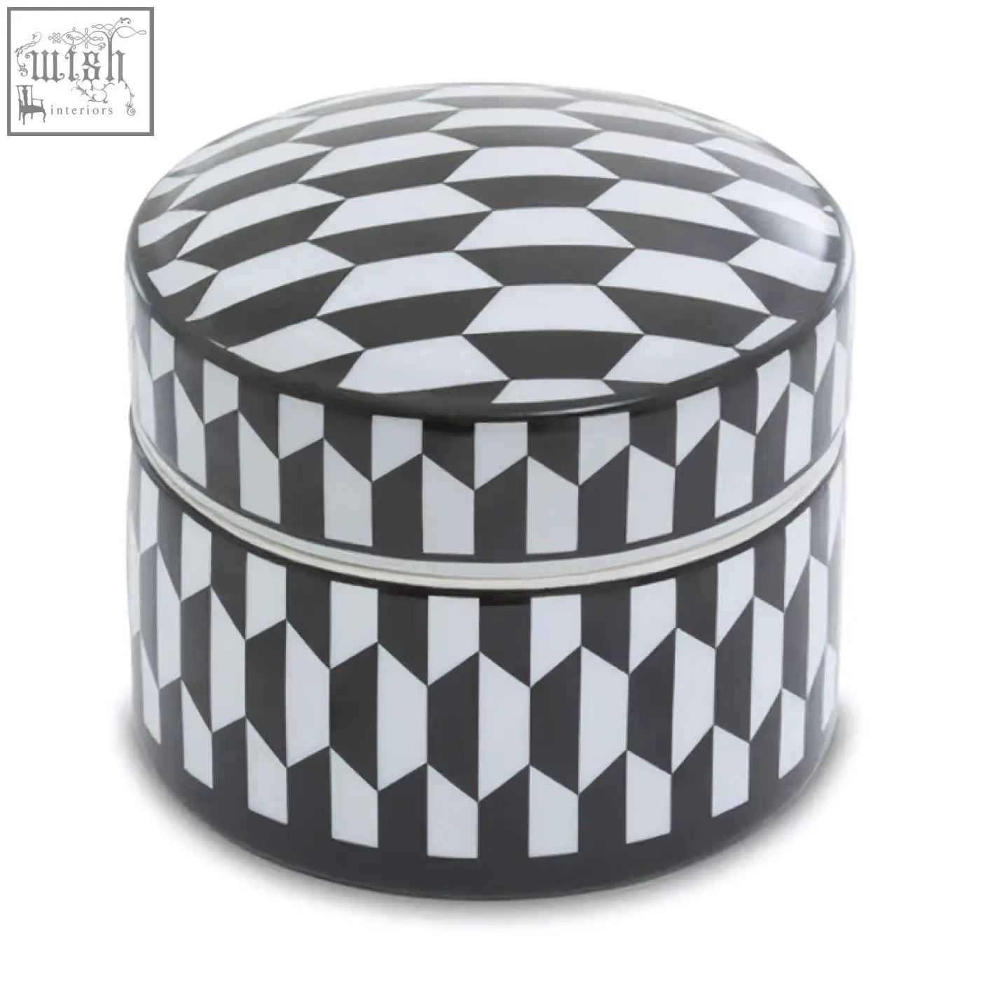 Marlo large black and white geometric print ceramic trinket box with matching lid in white geometric pattern