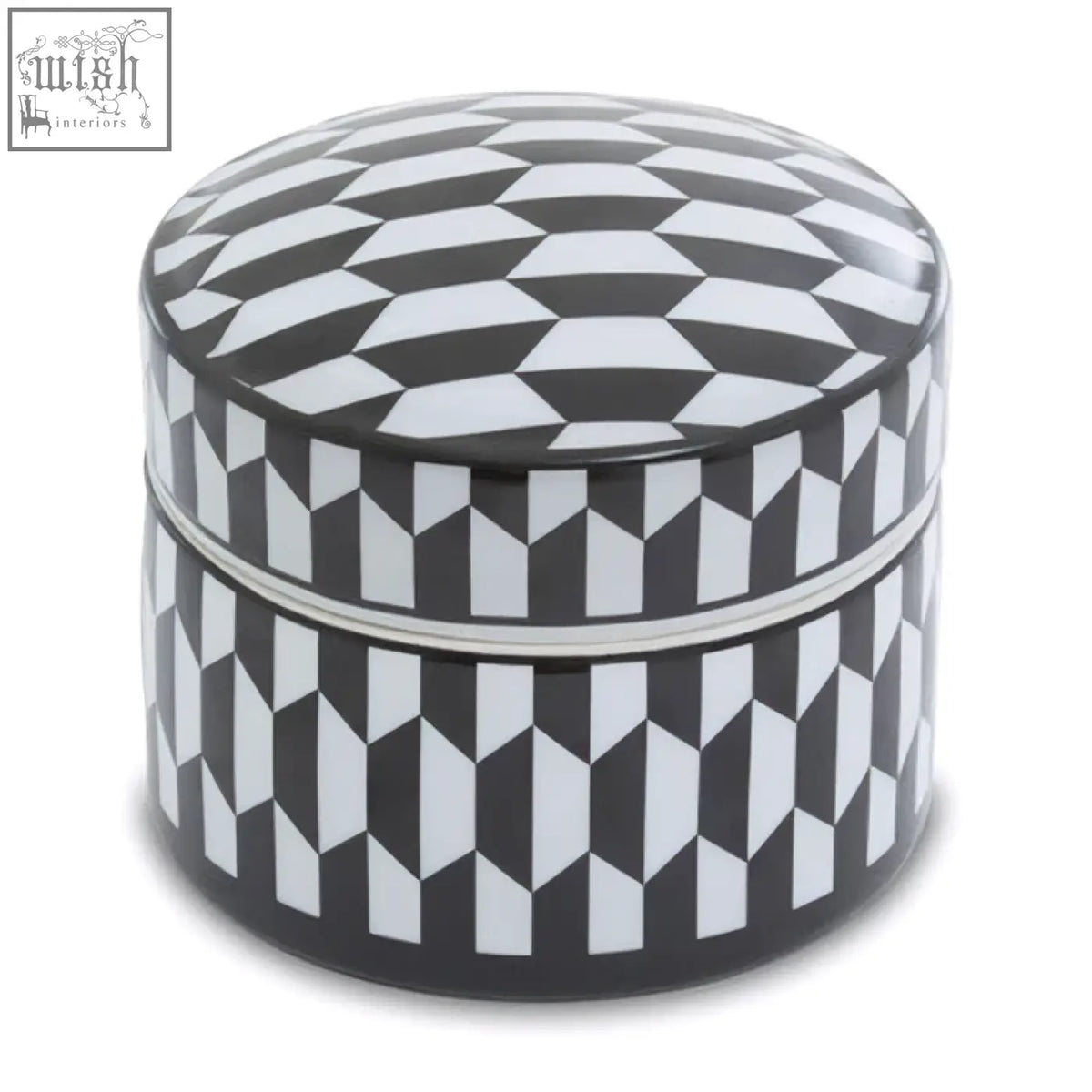 Marlo large black and white geometric print ceramic trinket box with matching lid in white geometric pattern