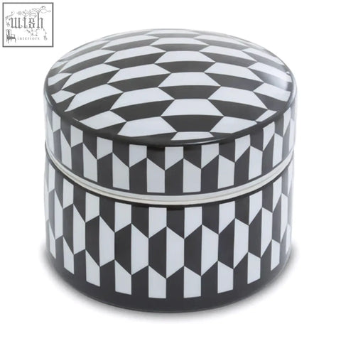 Marlo large black and white geometric print ceramic trinket box with matching lid in white geometric pattern