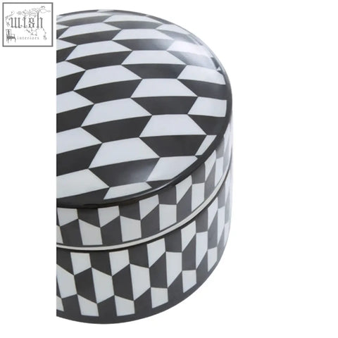 Marlo large black and white geometric print ceramic trinket box with a glossy finish and white geometric pattern