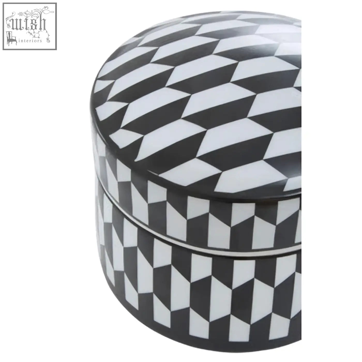 Marlo large black and white geometric print ceramic trinket box with round design and white geometric patterns
