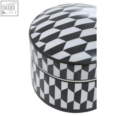 Marlo large black and white geometric print ceramic trinket box with round design and white geometric patterns