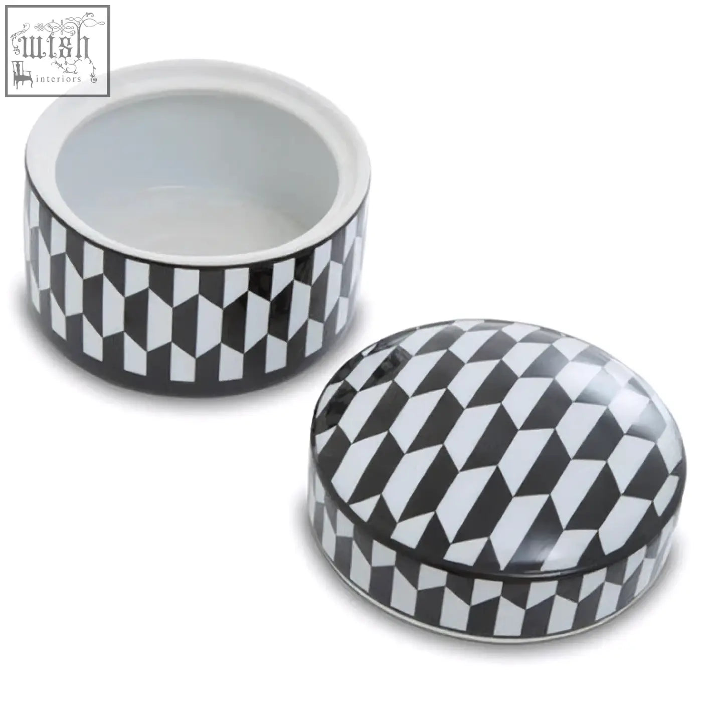 Marlo large black and white geometric print ceramic trinket box with lid features bold white geometric patterns