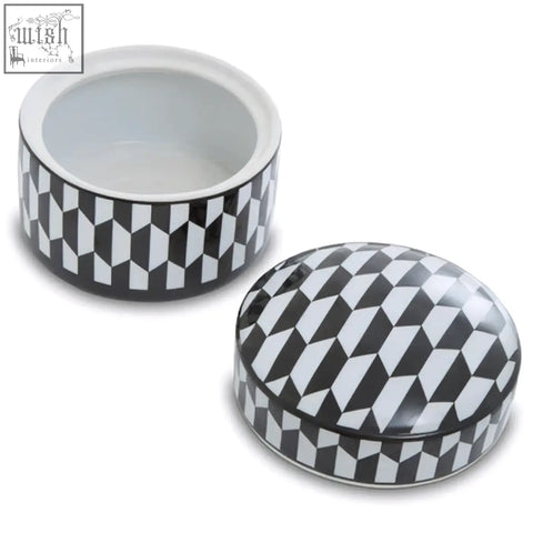 Marlo large black and white geometric print ceramic trinket box with lid features bold white geometric patterns