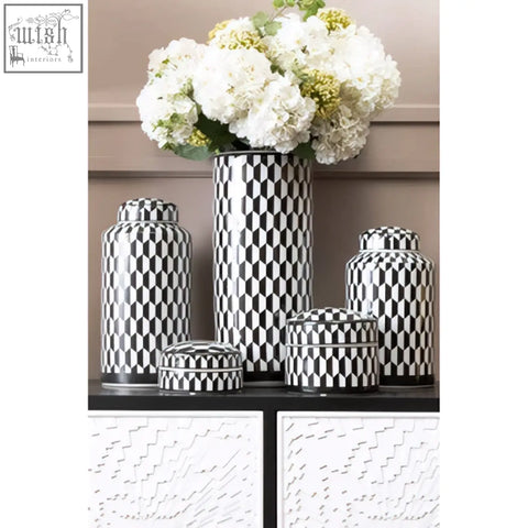 Marlo large black and white geometric print ceramic trinket box featuring a white geometric pattern design
