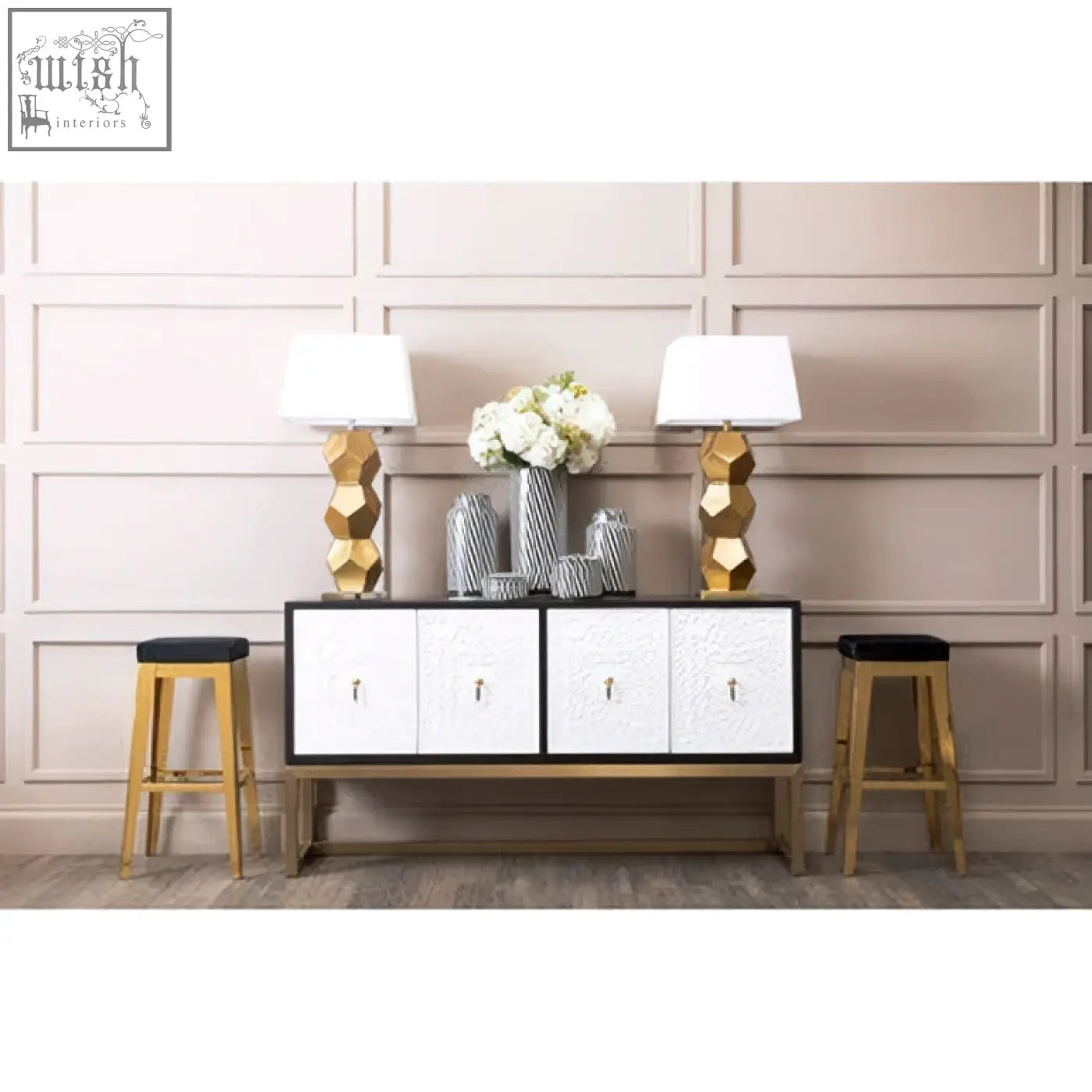 Marlo large black and white ceramic trinket box with white geometric print and gold textured sideboard design